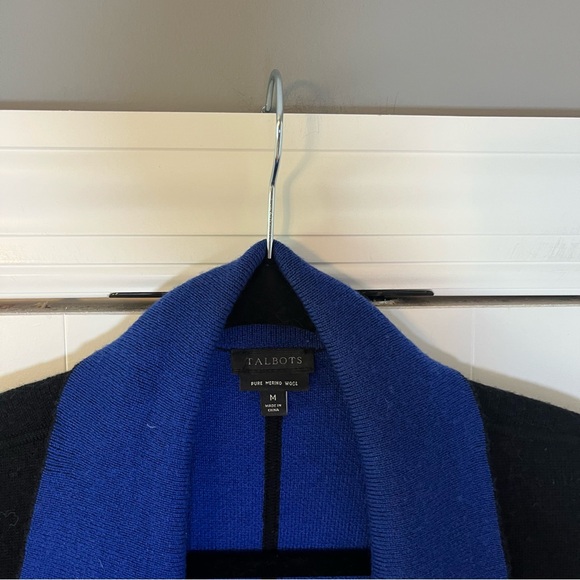 Talbots Black Blue Pure Merino Wool Open Front Cardigan Size Medium Long Sleeve - Picture 5 of 6